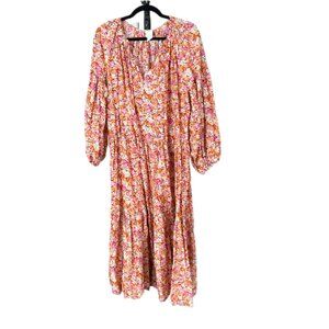 H&M Pink/Orange Floral Puff Sleeve Tiered Midi Dress (M)